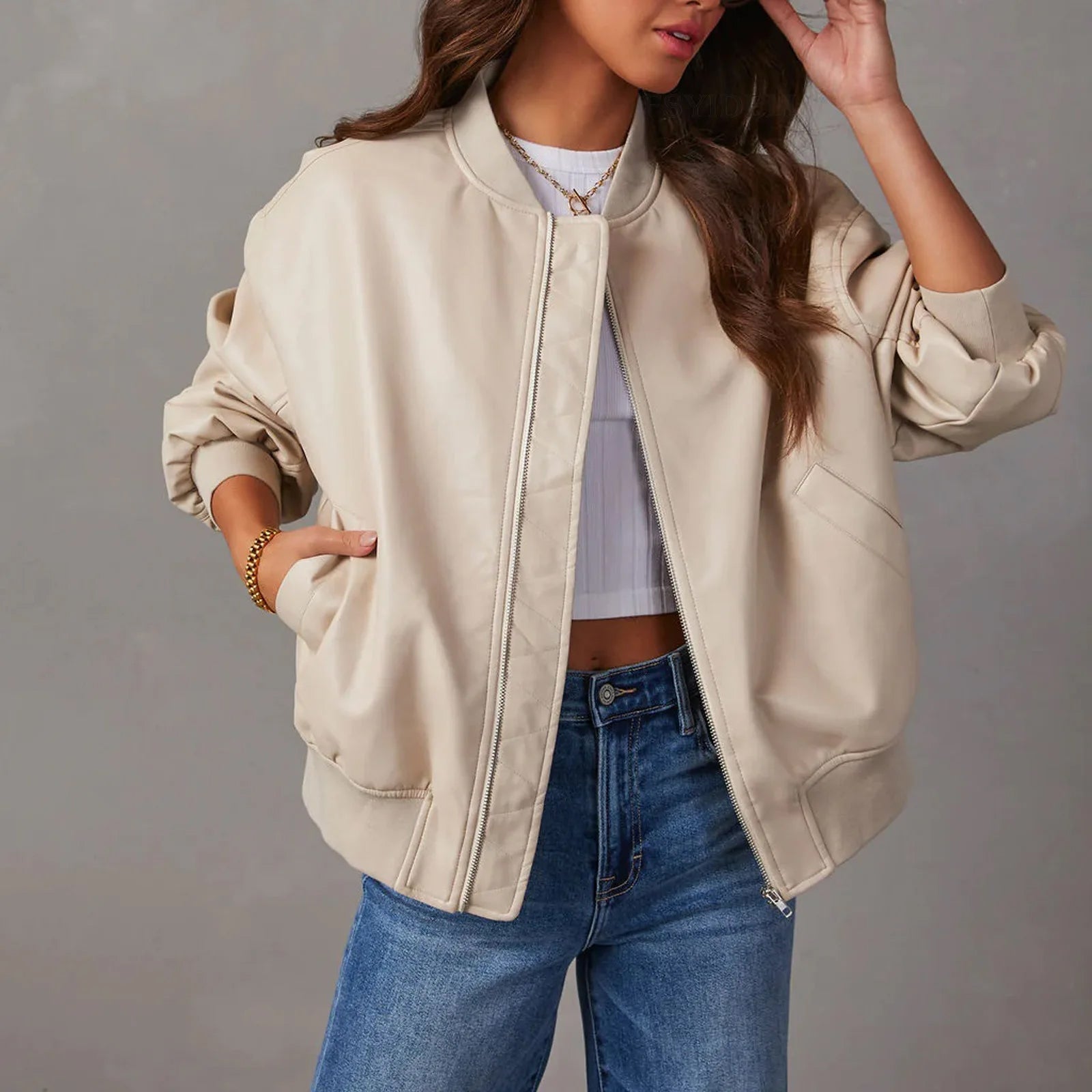 Women's Oversized Zip Jacket Ribbed Hem Hip Length Stand Collar