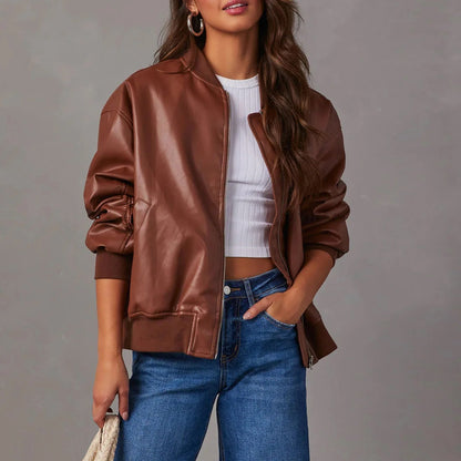 Women's Oversized Zip Jacket Ribbed Hem Hip Length Stand Collar