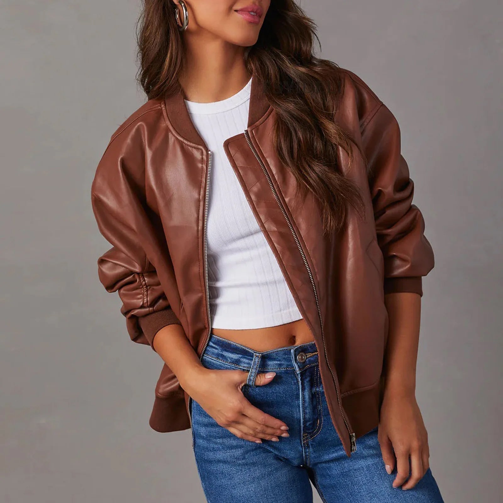 Women's Oversized Zip Jacket Ribbed Hem Hip Length Stand Collar