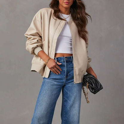 Women's Oversized Zip Jacket Ribbed Hem Hip Length Stand Collar