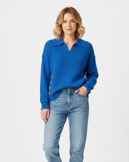 Women's Polo Knit Jumper V-Neck Gold Button Detail Relaxed Fit