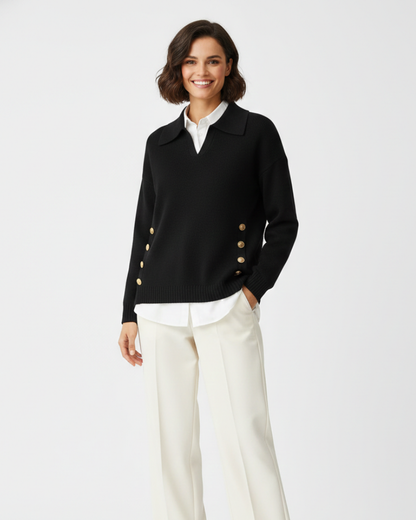 Women's Polo Knit Jumper V-Neck Gold Button Detail Relaxed Fit