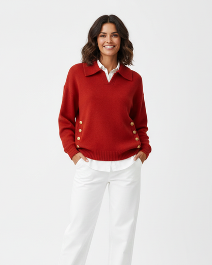 Women's Polo Knit Jumper V-Neck Gold Button Detail Relaxed Fit