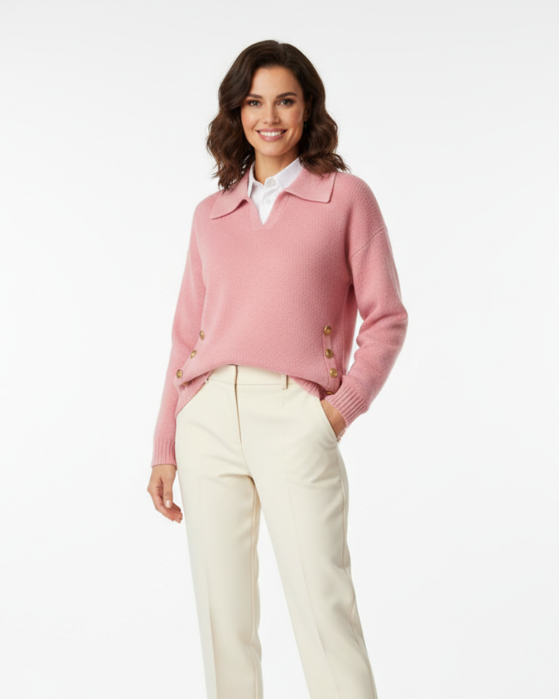 Women's Polo Knit Jumper V-Neck Gold Button Detail Relaxed Fit