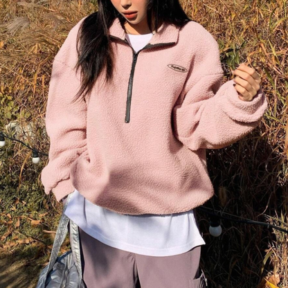 Women's Fuzzy Half Zip Sweatshirt Long Sleeve Soft Fleece Pullover Green Black Pink Apricot Casual Cosy Lounge Top Ladies Warm Winter