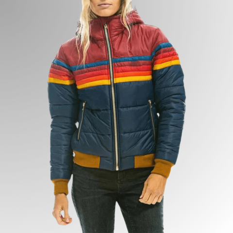 Women's Retro Puffer Jacket Rainbow Stripes Cropped Hood Casual