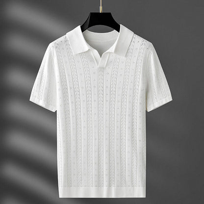 Men's Knit Polo Shirt Cable Pointelle V-Notch Collar Casual Smart