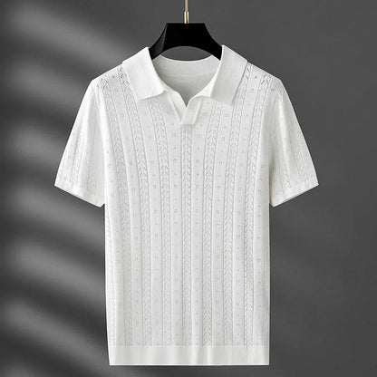 Men's Knit Polo Shirt Cable Pointelle V-Notch Collar Casual Smart