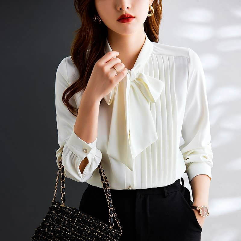 Women's Long Sleeve Blouse Bow Tie Neck Pin-Tuck Pleated Front Pearl Buttons