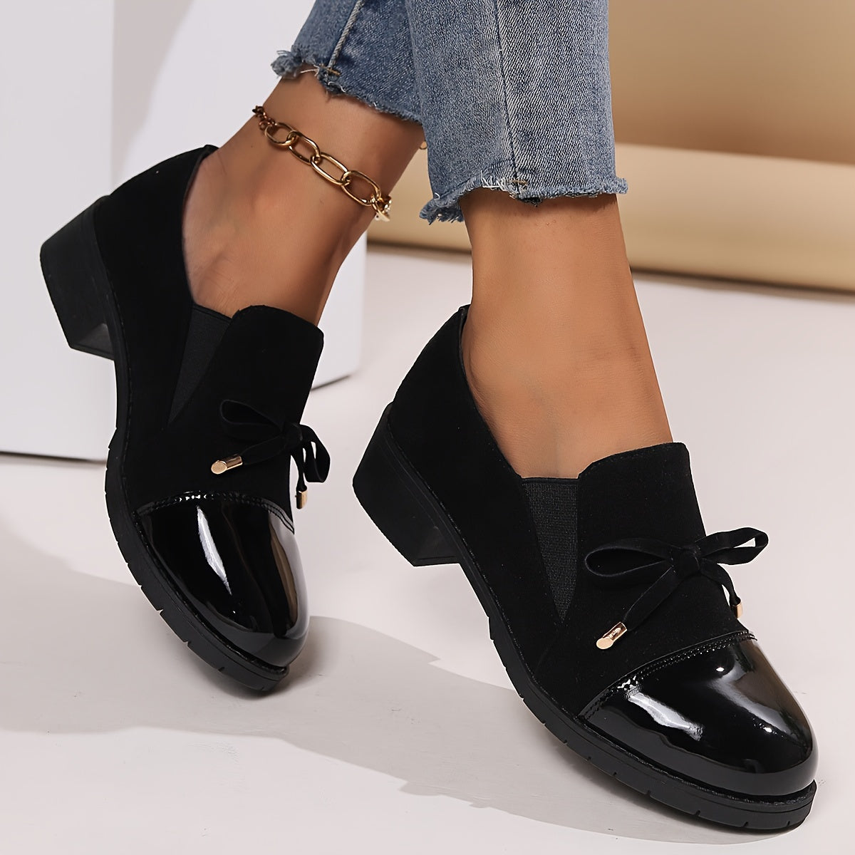 Women's Loafers Bow Block Heel Slip-On Comfortable Casual Formal Shoes