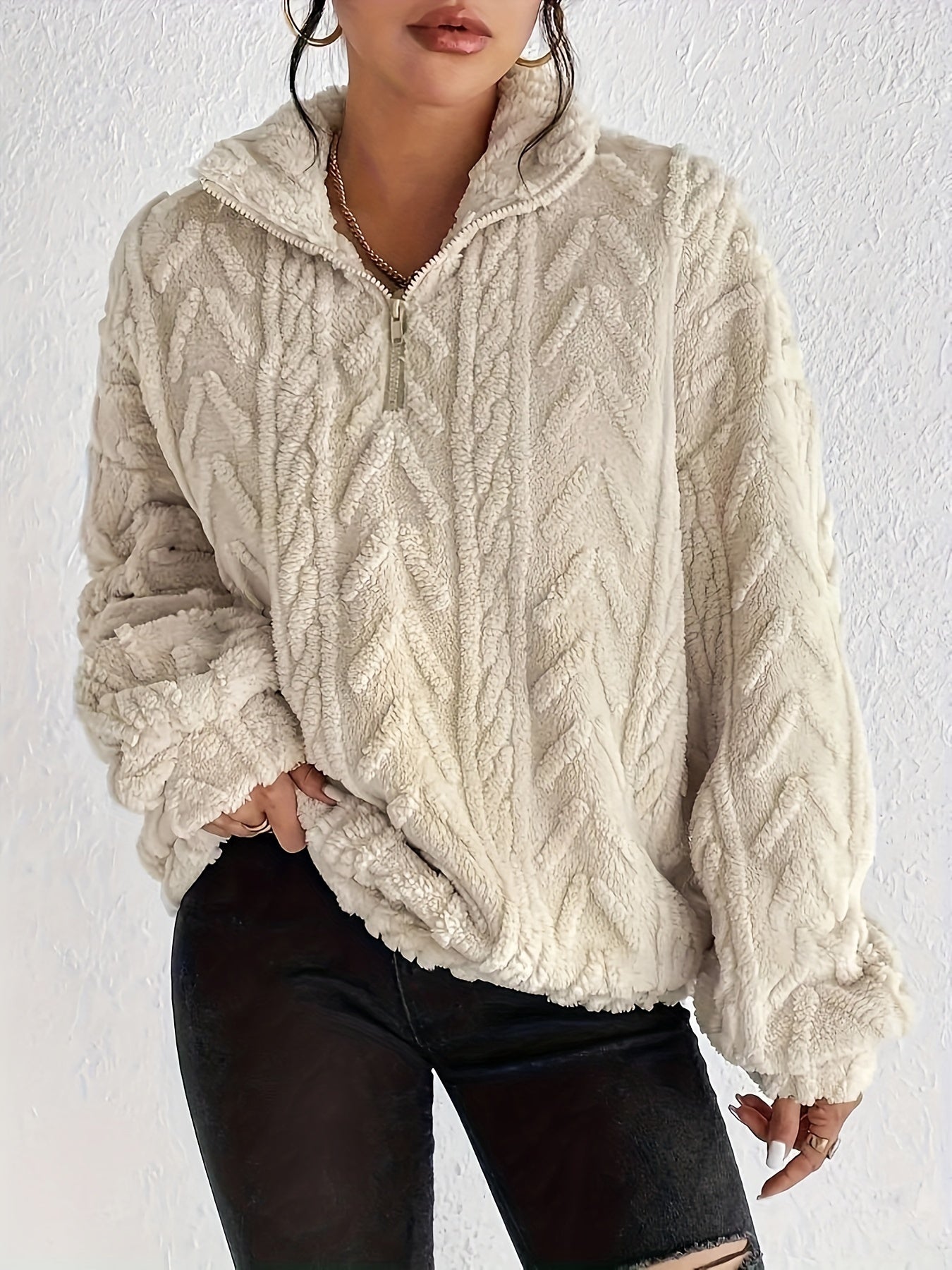 Women's Cable Knit Sweater Fleece Lined Half Zip Pullover Warm Winter Jumper Cosy Ladies Knit Top Casual Cold Weather S-XXL