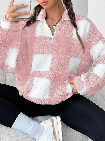 Women's Plaid Half Zip Sweater Long Sleeve Knit Pullover Casual Warm Cosy Ladies Checked Print Top Everyday Autumn Winter