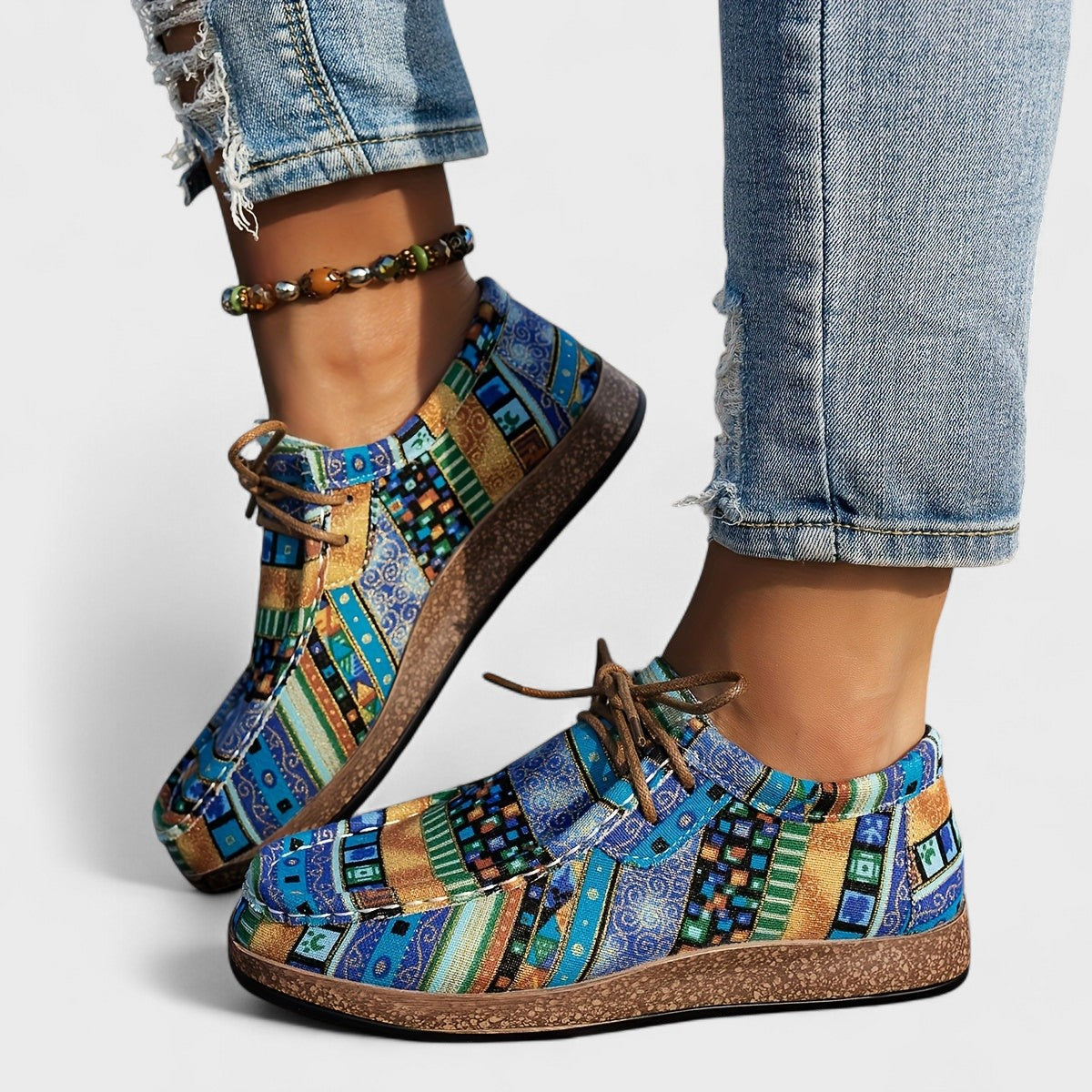 Women's Lace-Up Casual Shoes Round Toe Flat Patchwork Print Comfortable Everyday