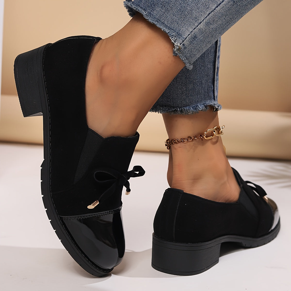 Women's Loafers Bow Block Heel Slip-On Comfortable Casual Formal Shoes