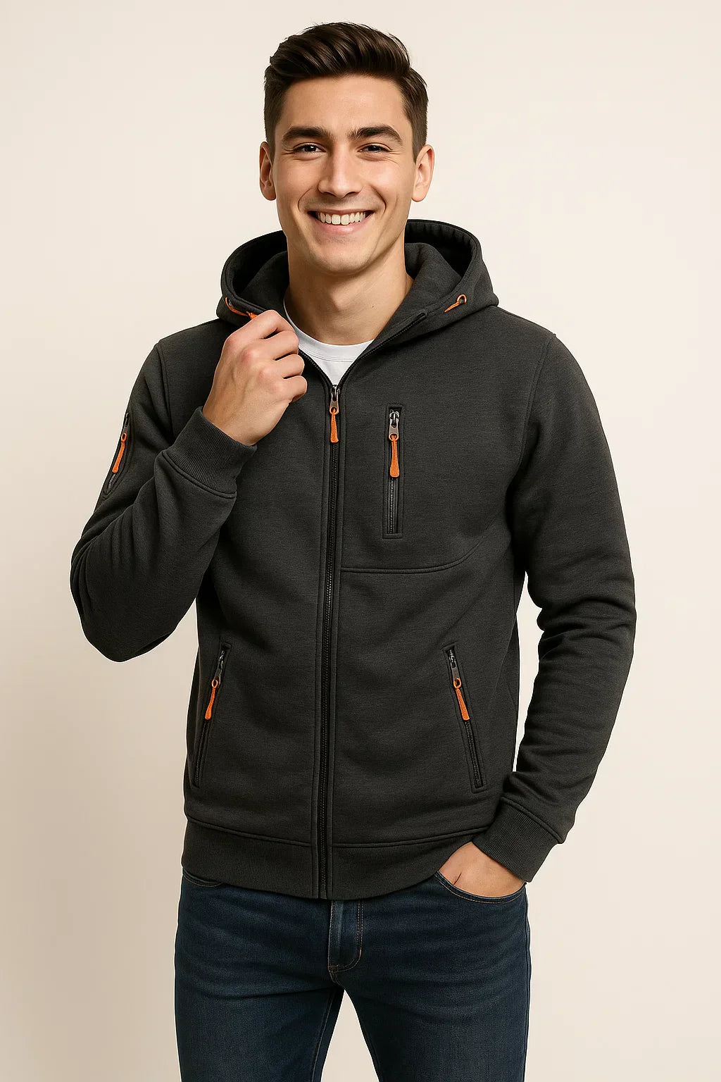Men's Casual Hoodie Jacket Zip Pockets Lightweight Everyday Outdoor Charcoal