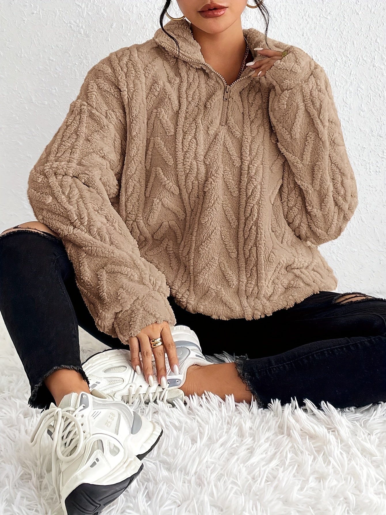 Women's Cable Knit Sweater Fleece Lined Half Zip Pullover Warm Winter Jumper Cosy Ladies Knit Top Casual Cold Weather S-XXL