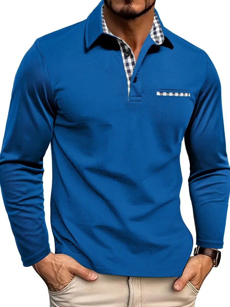 Men's Long Sleeve Polo Shirt Winter Warm Classic Casual Navy