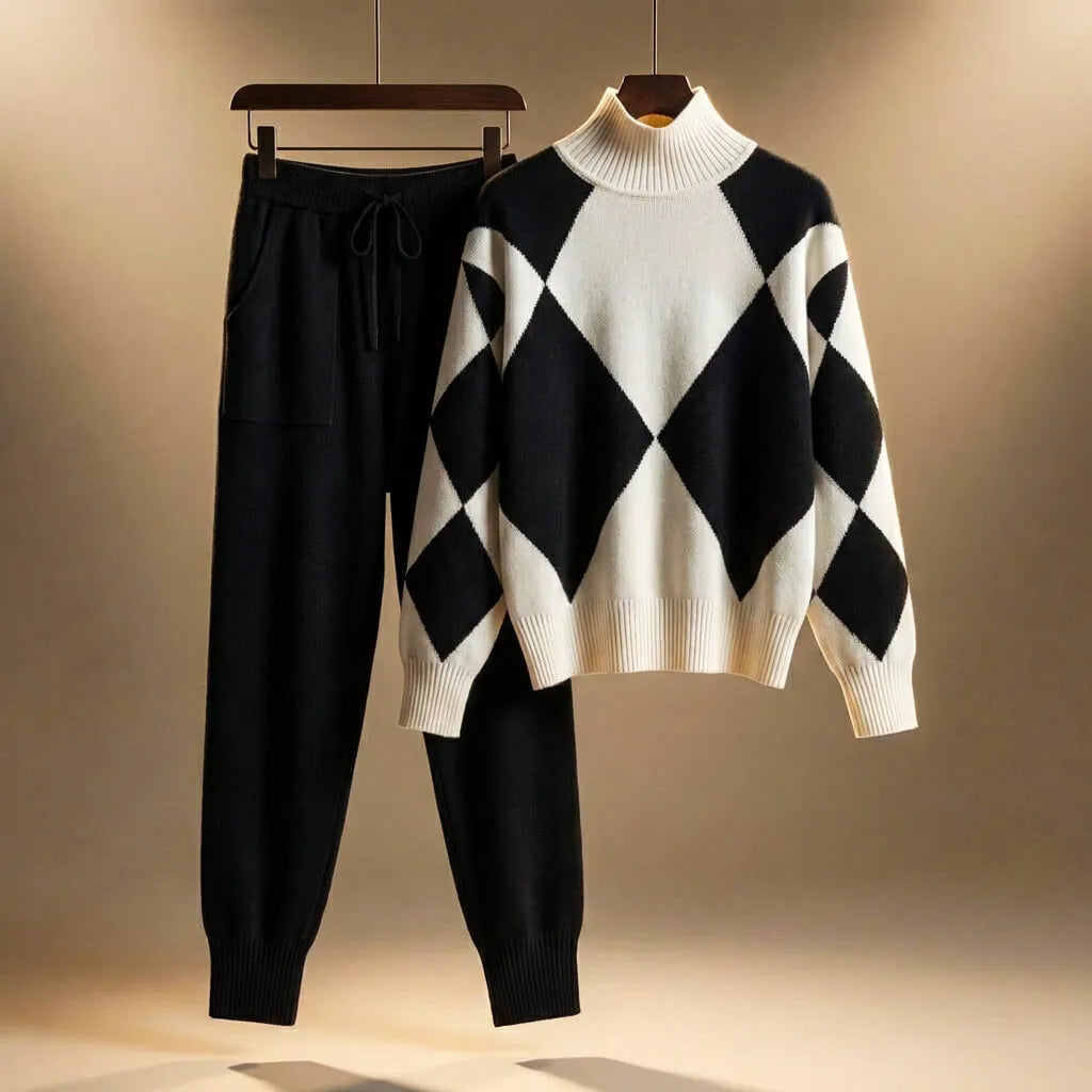 Women's Knit Lounge Set Argyle Jumper Drawstring Trousers Cosy