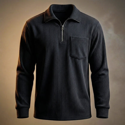 Men's Quarter Zip Polo Neck Jumper Long Sleeve Ribbed Chest Pocket Navy