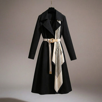 Women's Belted Midi Coat Tailored Contrast Panel Smart Casual Formal