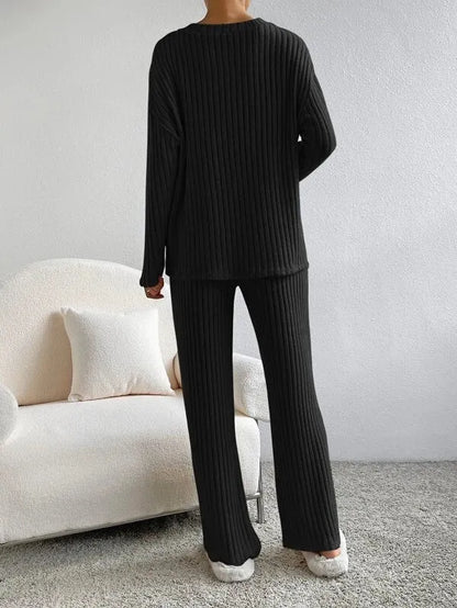 Women's Ribbed Two Piece Set V-Neck Jumper Wide Leg Pants Relaxed Fit