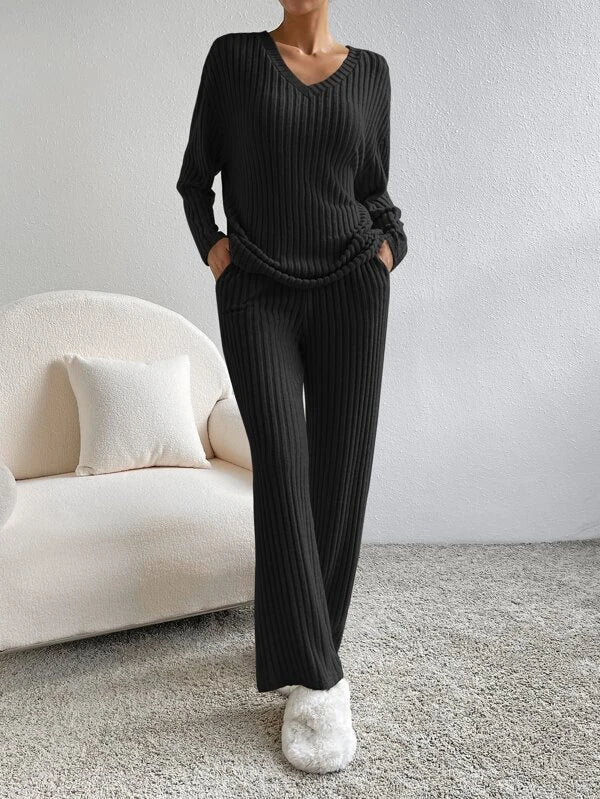 Women's Ribbed Two Piece Set V-Neck Jumper Wide Leg Pants Relaxed Fit