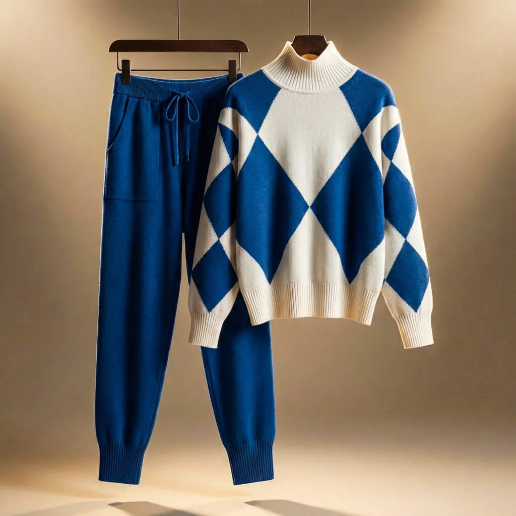 Women's Knit Lounge Set Argyle Jumper Drawstring Trousers Cosy