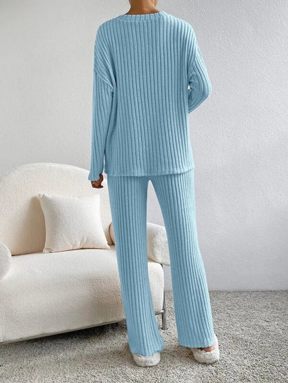 Women's Ribbed Two Piece Set V-Neck Jumper Wide Leg Pants Relaxed Fit