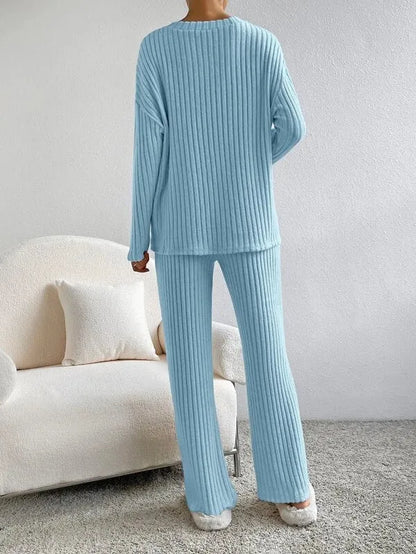 Women's Ribbed Two Piece Set V-Neck Jumper Wide Leg Pants Relaxed Fit
