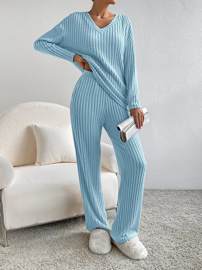 Women's Ribbed Two Piece Set V-Neck Jumper Wide Leg Pants Relaxed Fit