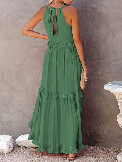 Women's Maxi Dress Sleeveless High Neck Tiered Ruffle Asymmetrical Hem