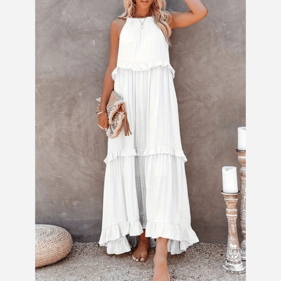 Women's Maxi Dress Sleeveless High Neck Tiered Ruffle Asymmetrical Hem
