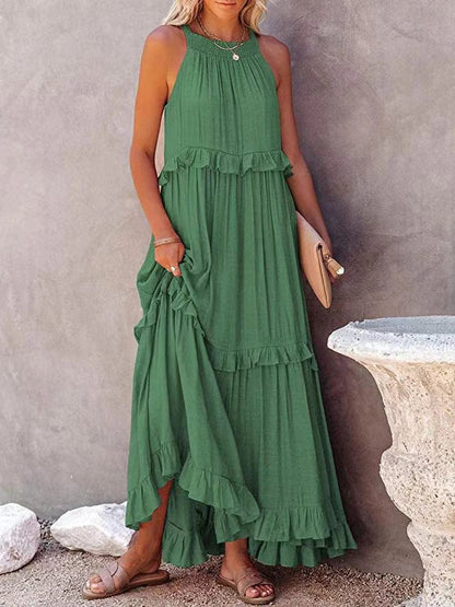 Women's Maxi Dress Sleeveless High Neck Tiered Ruffle Asymmetrical Hem