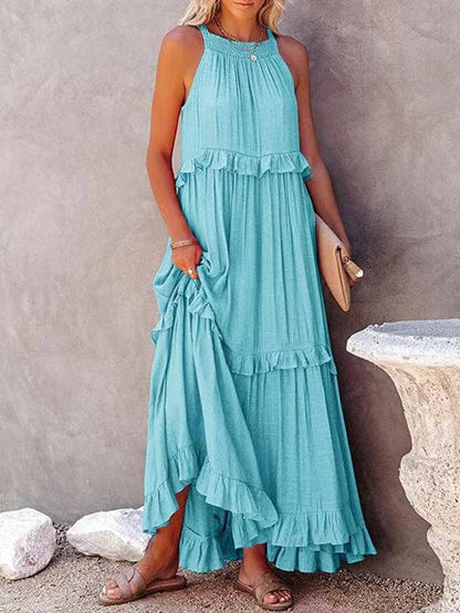 Women's Maxi Dress Sleeveless High Neck Tiered Ruffle Asymmetrical Hem