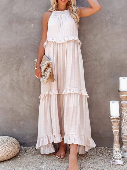 Women's Maxi Dress Sleeveless High Neck Tiered Ruffle Asymmetrical Hem