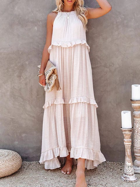 Women's Maxi Dress Sleeveless High Neck Tiered Ruffle Asymmetrical Hem