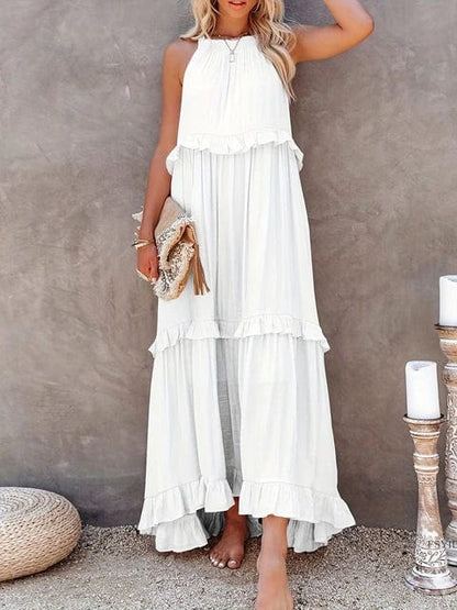 Women's Maxi Dress Sleeveless High Neck Tiered Ruffle Asymmetrical Hem