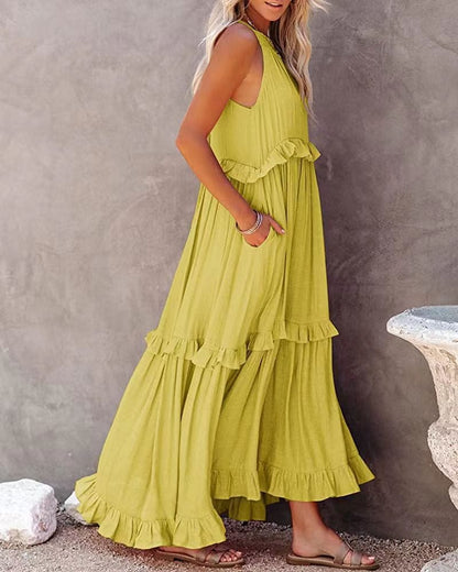 Women's Maxi Dress Sleeveless High Neck Tiered Ruffle Asymmetrical Hem