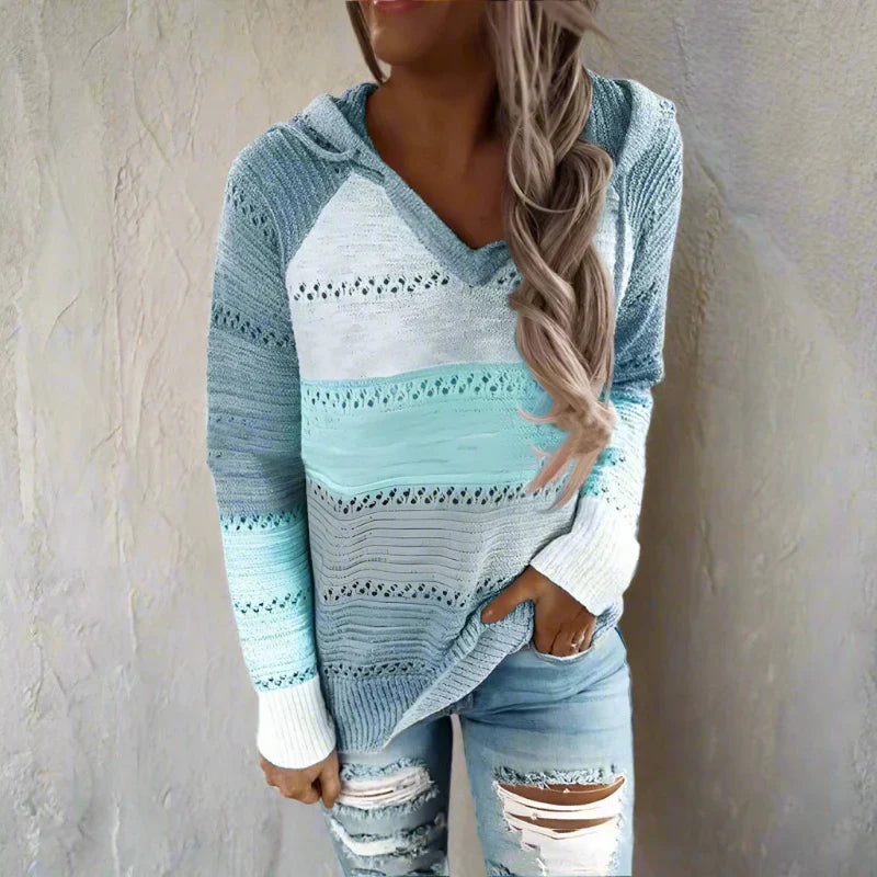 Women's Patchwork Jumper Long Sleeve V-Neck Colour Block Knit