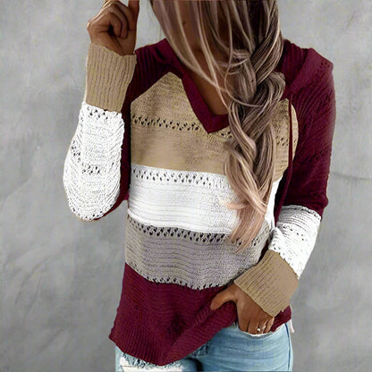 Women's Patchwork Jumper Long Sleeve V-Neck Colour Block Knit