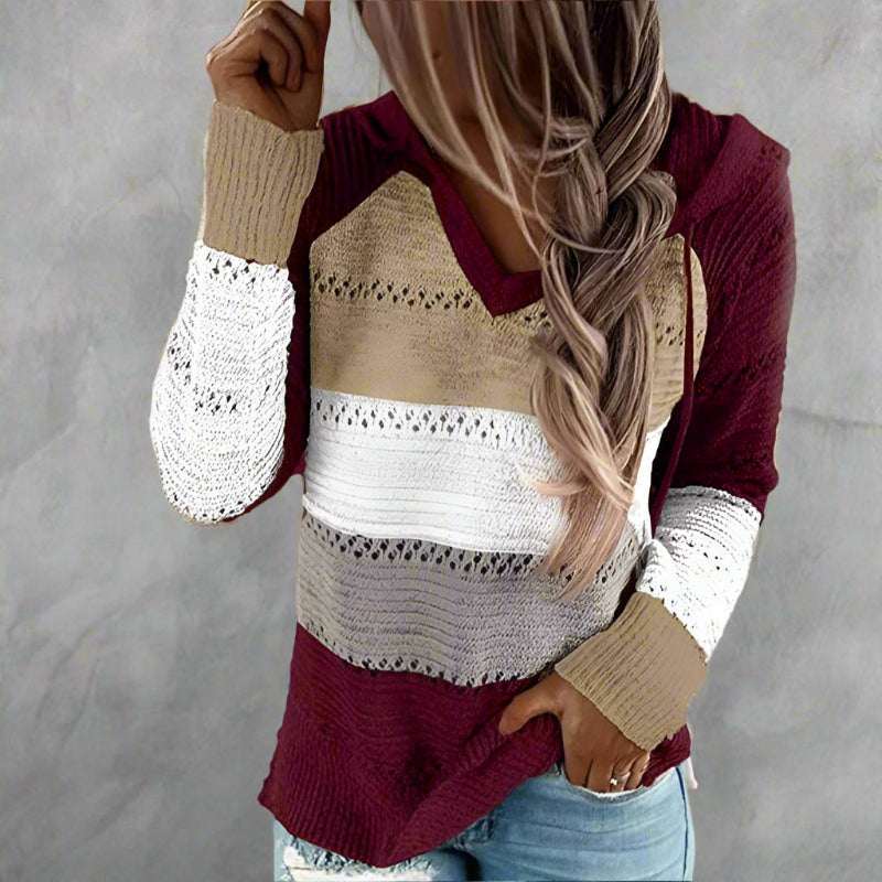 Women's Patchwork Jumper Long Sleeve V-Neck Colour Block Knit