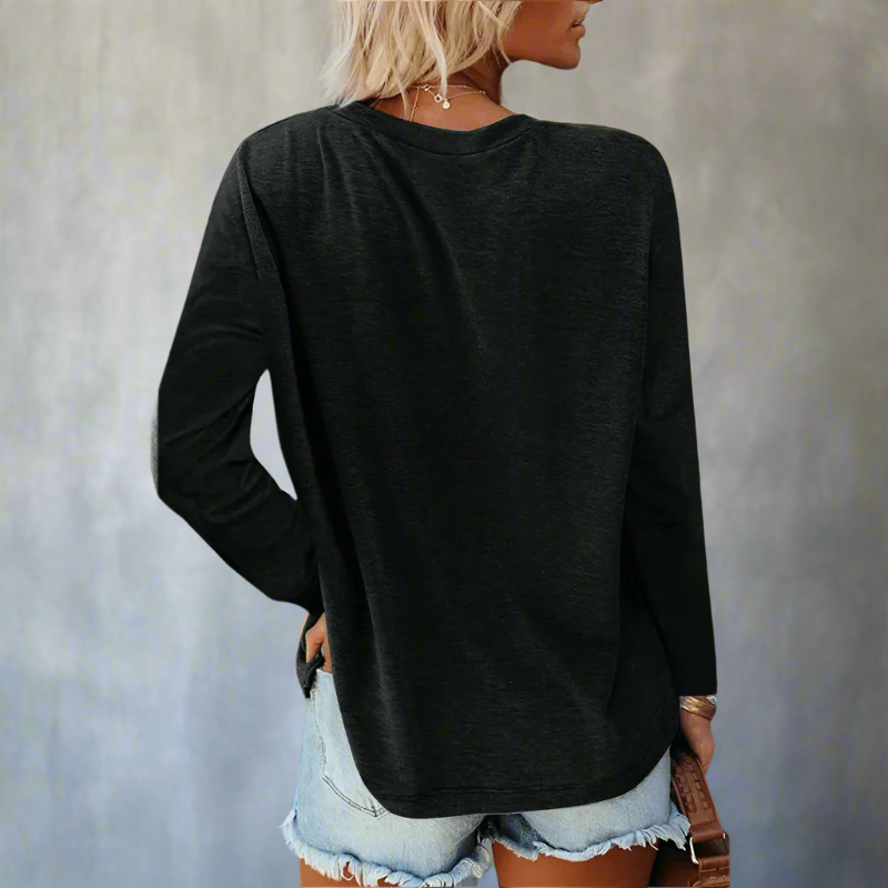 Women's Long Sleeve Top Round Neck Casual Shirt with Front Pocket