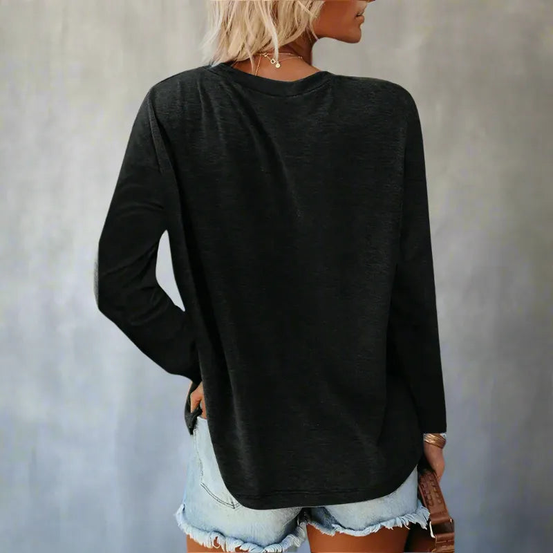 Women's Long Sleeve Top Round Neck Casual Shirt with Front Pocket