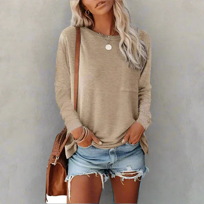 Women's Long Sleeve Top Round Neck Casual Shirt with Front Pocket