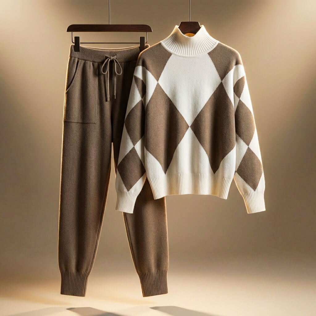 Women's Knit Lounge Set Argyle Jumper Drawstring Trousers Cosy