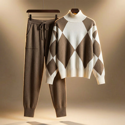Women's Knit Lounge Set Argyle Jumper Drawstring Trousers Cosy