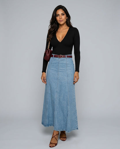 Vera | High Waist A-Line Panel Denim Maxi Skirt