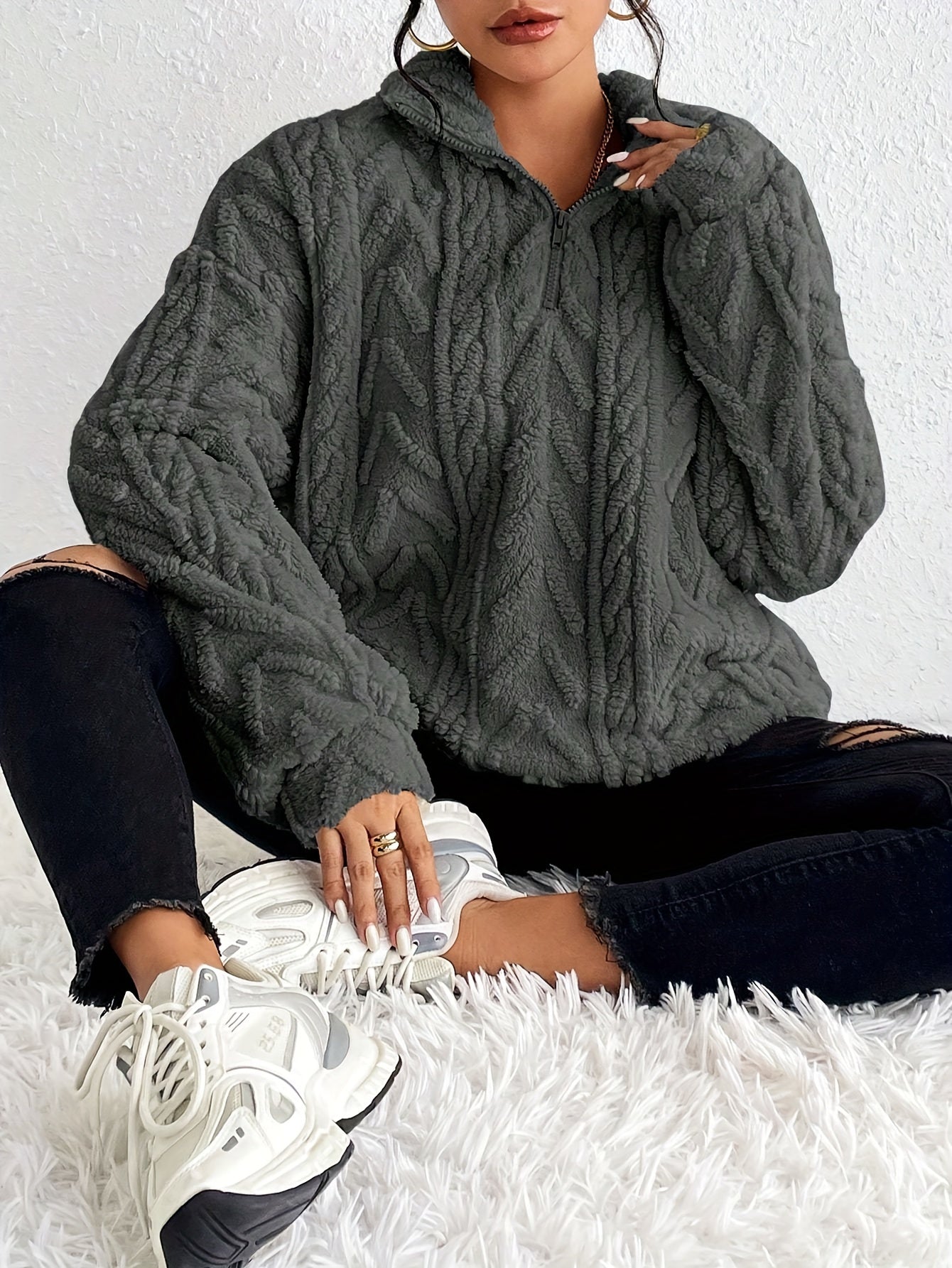 Women's Cable Knit Sweater Fleece Lined Half Zip Pullover Warm Winter Jumper Cosy Ladies Knit Top Casual Cold Weather S-XXL