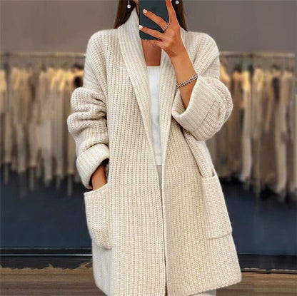 Wool Cardigan Oversized Open Front Ribbed Knit Women's Cosy Everyday Layer Beige Camel