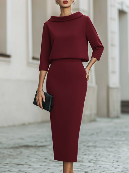 Women's Two Piece Set Cowl Neck Top Bodycon Midi Skirt Evening Formal